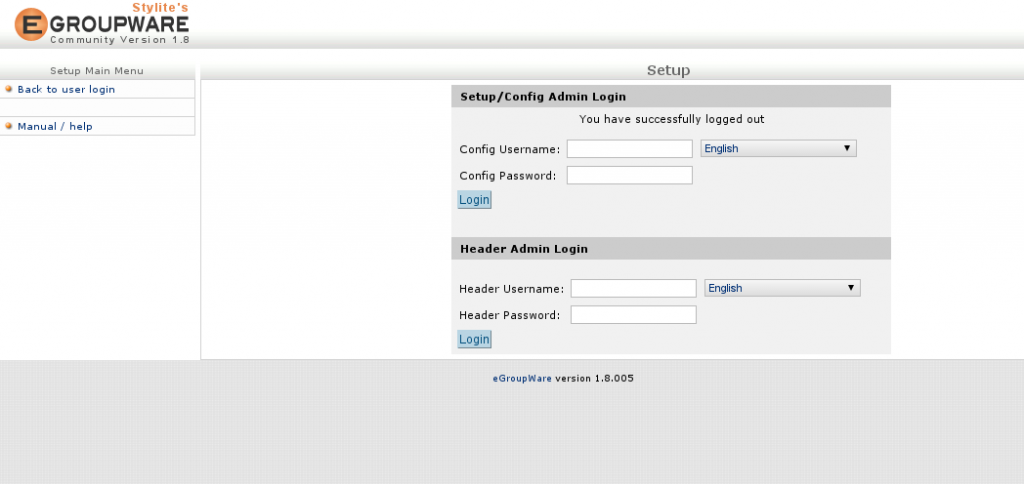eGroupware Configuration Login Screen
