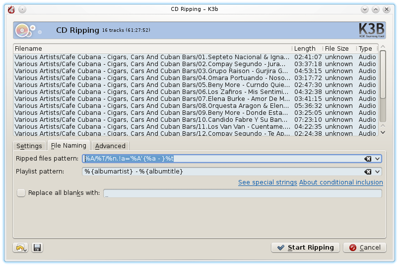 k3b ripping dialog File Naming tab